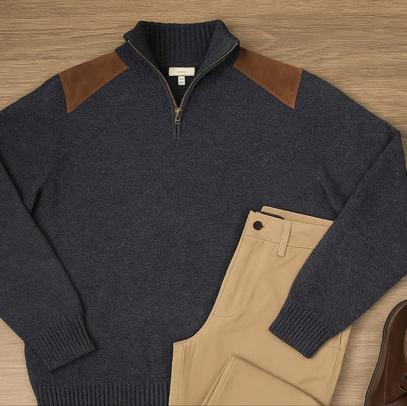 Charcoal Zip Up Sweater with Suede Accents - Picture 1 of 8